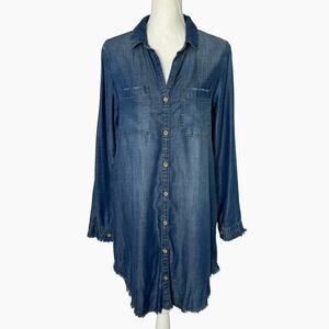Cloth & Stone Chambray Shirt Dress Women Size Small Blue Long Sleeve Raw Hem